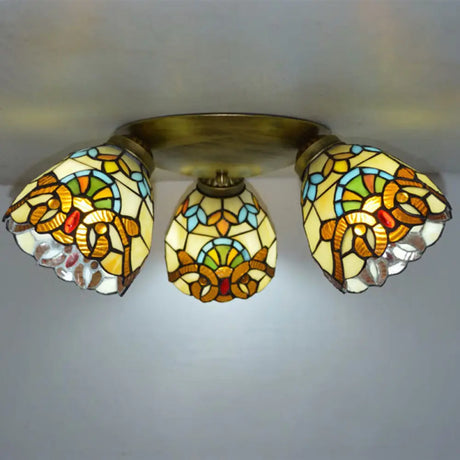Tiffany Stained Glass Ceiling Light Fixture - Small Flush Mount For Hallway With 3 Heads Brown