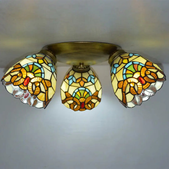 Tiffany Stained Glass Ceiling Light Fixture - Small Flush Mount For Hallway With 3 Heads Brown