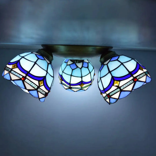 Tiffany Stained Glass Ceiling Light Fixture - Small Flush Mount For Hallway With 3 Heads Ocean Blue