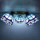 Tiffany Stained Glass Ceiling Light Fixture - Small Flush Mount For Hallway With 3 Heads Ocean Blue