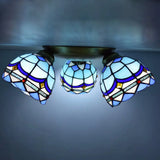 Tiffany Stained Glass Ceiling Light Fixture - Small Flush Mount For Hallway With 3 Heads Ocean Blue