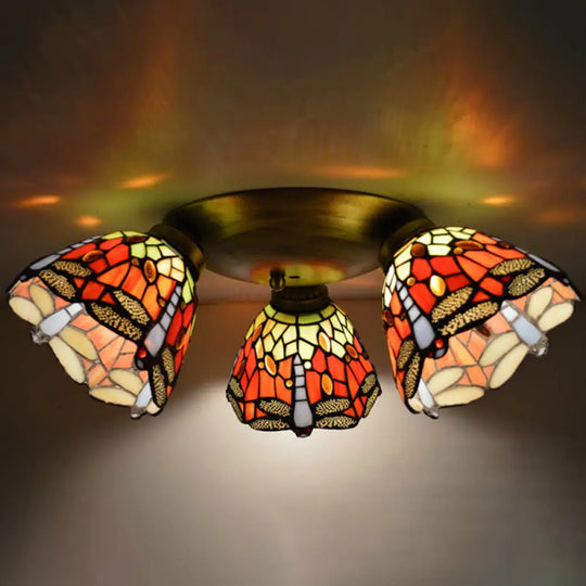 Tiffany Stained Glass Ceiling Light Fixture - Small Flush Mount For Hallway With 3 Heads Orange Red