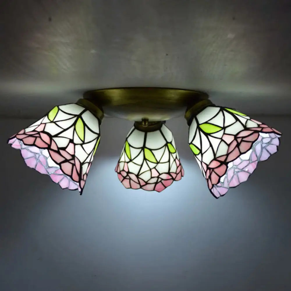 Tiffany Stained Glass Ceiling Light Fixture - Small Flush Mount For Hallway With 3 Heads Pink