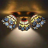 Tiffany Stained Glass Ceiling Light Fixture - Small Flush Mount For Hallway With 3 Heads Sky Blue