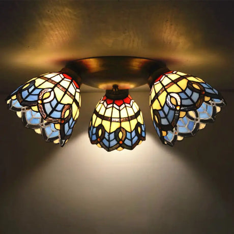 Tiffany Stained Glass Ceiling Light Fixture - Small Flush Mount For Hallway With 3 Heads Sky Blue
