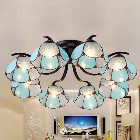 Tiffany Stained Glass Ceiling Light - Scalloped Design 3/7/8 Heads Blue Semi Flush Mount 8 /