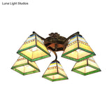 Tiffany Stained Glass Ceiling Light With 5 Scalloped Heads In Antique Bronze - Perfect For Bedroom
