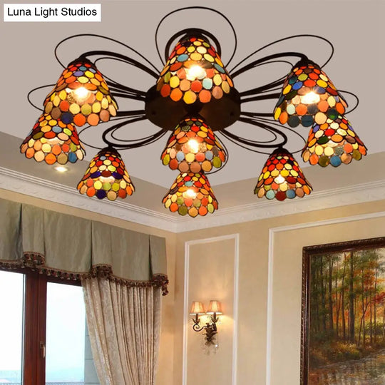 Tiffany Stained Glass Ceiling Light With Multicolored Bell Semi-Flush Mount - 3/7/9 Heads 9 / Orange