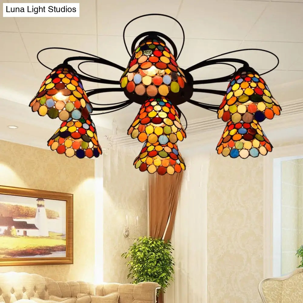 Tiffany Stained Glass Ceiling Light With Multicolored Bell Semi - Flush Mount - 3/7/9 Heads 7 /