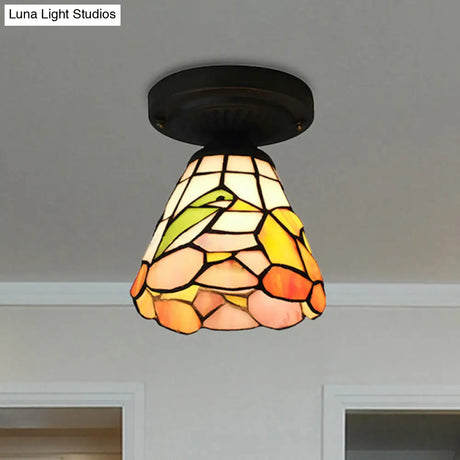 Tiffany Stained Glass Ceiling Mount Light For Cloth Shop – 1-Head Flower/Bird/Phoenix Design In