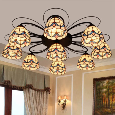 Tiffany Stained Glass Ceiling Mounted Light Bowl - Yellow 3/7/9 Heads Semi - Flush Fixture 9 /