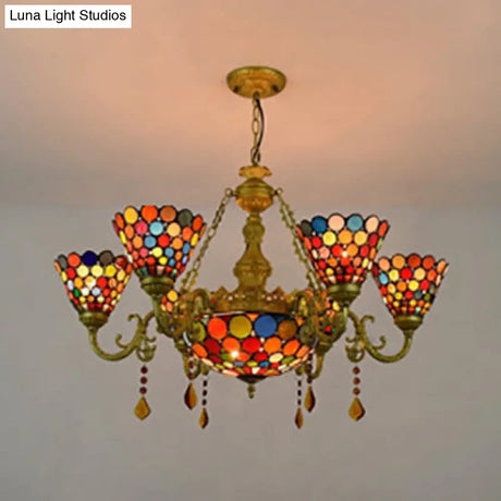 Tiffany Stained Glass Chandelier Light - 7-Light Cone Hanging Fixture With Colorful Circle Pattern