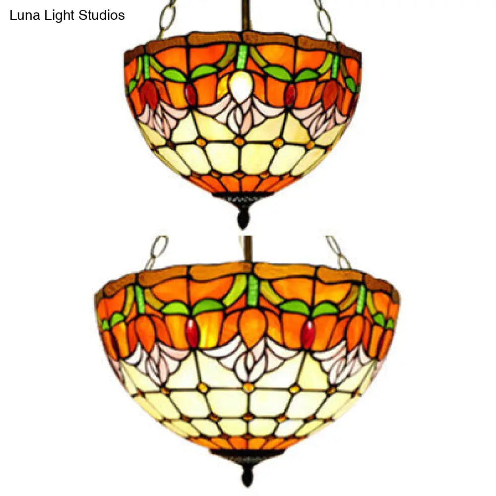 Rustic Stained Glass Chandelier - Orange Bowl Pendant Light (12/16 Width) For Foyer