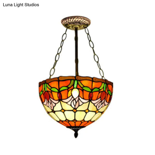 Rustic Stained Glass Chandelier - Orange Bowl Pendant Light (12/16 Width) For Foyer / 12