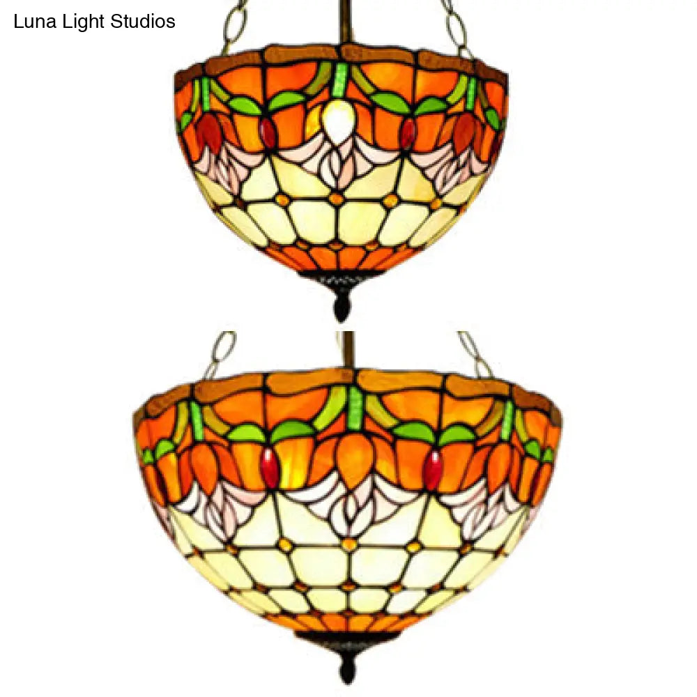 Tiffany Stained Glass Chandelier - Orange Bowl Pendant Light 12’/16’ Width Ideal For Foyer