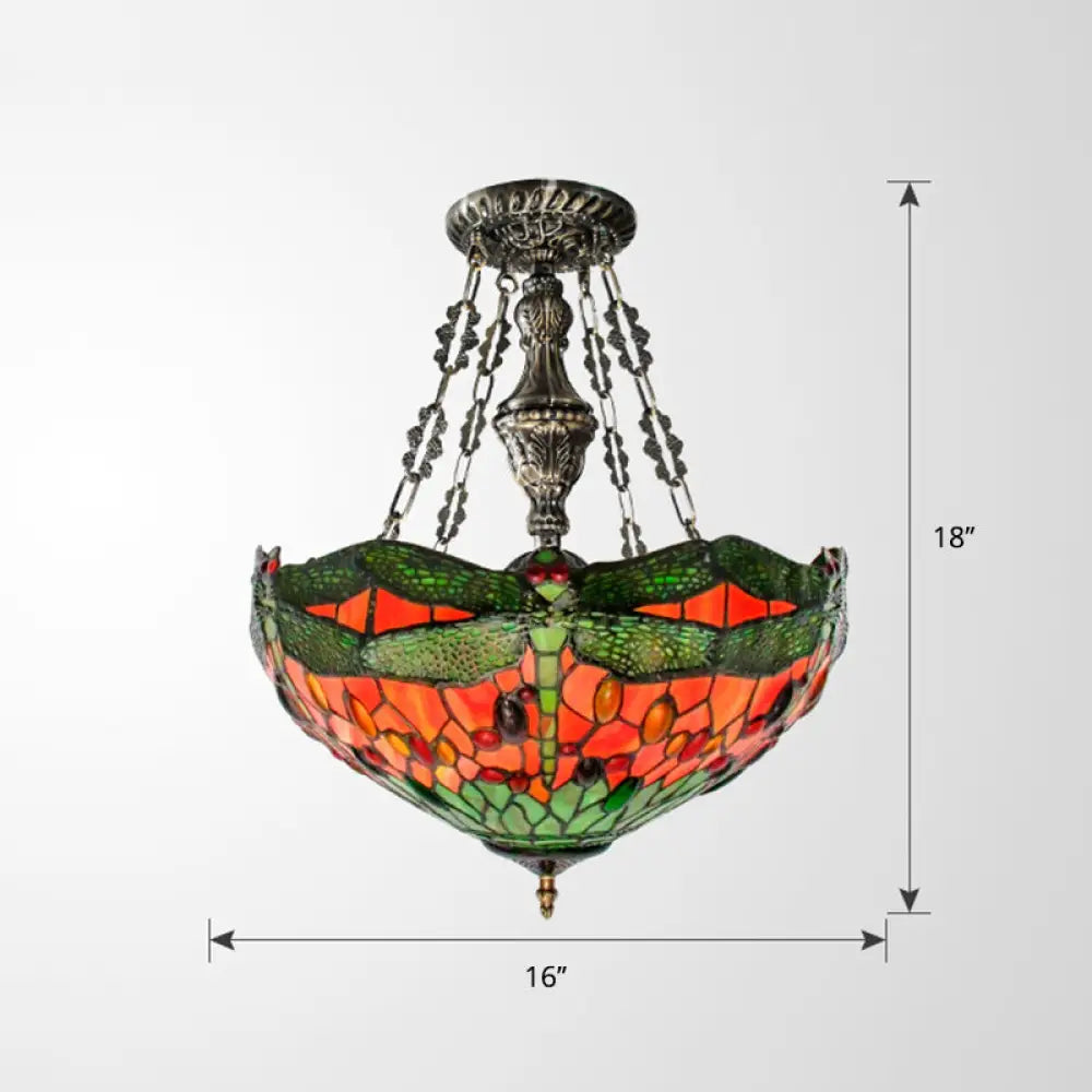 Tiffany Stained Glass Chandelier With Dragonfly Pattern And Gem-Like Cabochons In Green / Up