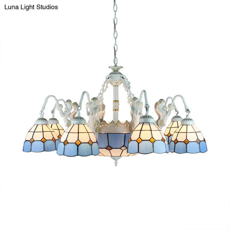 Tiffany Stained Glass Chandelier With Mediterranean Gem And Flower Design - 11-Light White Pendant
