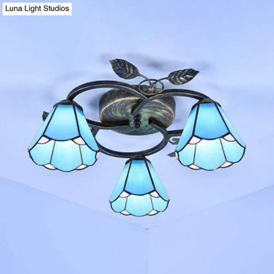 Tiffany Stained Glass Conic Shape Ceiling Light - 3 Lights Flush Mount Fixture In White/Blue For