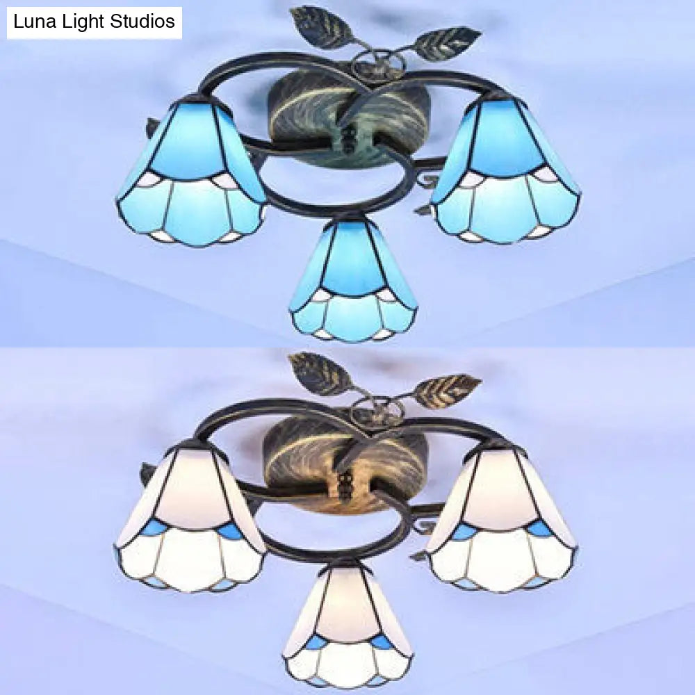 Tiffany Stained Glass Conic Shape Ceiling Light - 3 Lights Flush Mount Fixture In White/Blue For