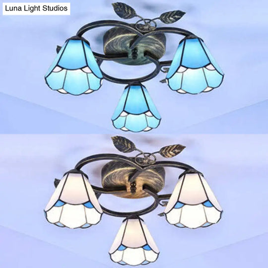 Tiffany Stained Glass Conic Shape Ceiling Light - 3 Lights Flush Mount Fixture In White/Blue For