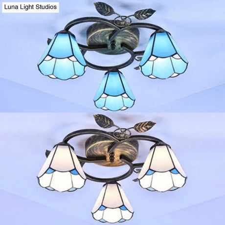 Tiffany Stained Glass Conic Shape Ceiling Light - 3 Lights Flush Mount Fixture In White/Blue For