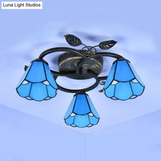 Tiffany Stained Glass Conic Shape Ceiling Light - 3 Lights Flush Mount Fixture In White/Blue For