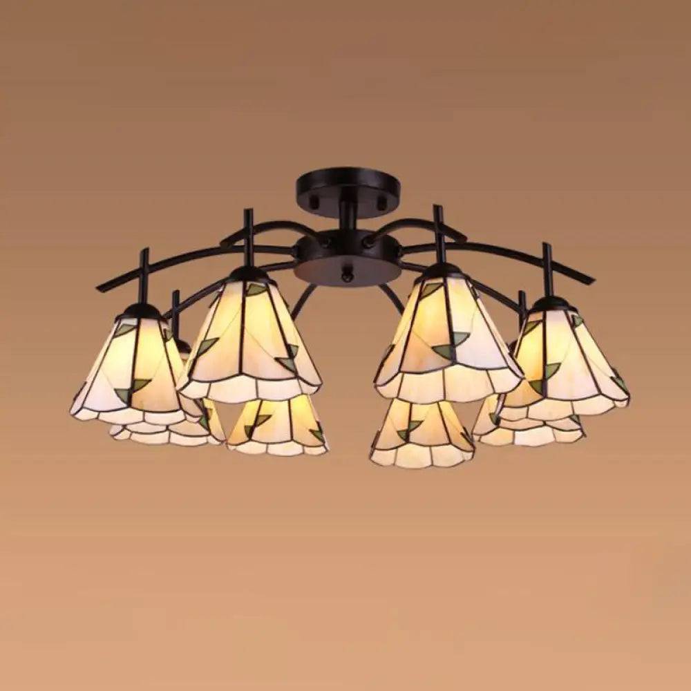Tiffany Stained Glass Conical Semi Flush Mount Ceiling Light 8 / Green