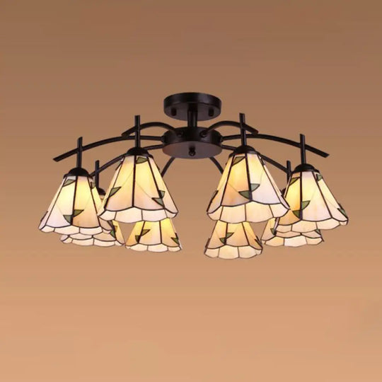 Tiffany Stained Glass Conical Semi Flush Mount Ceiling Light 8 / Green