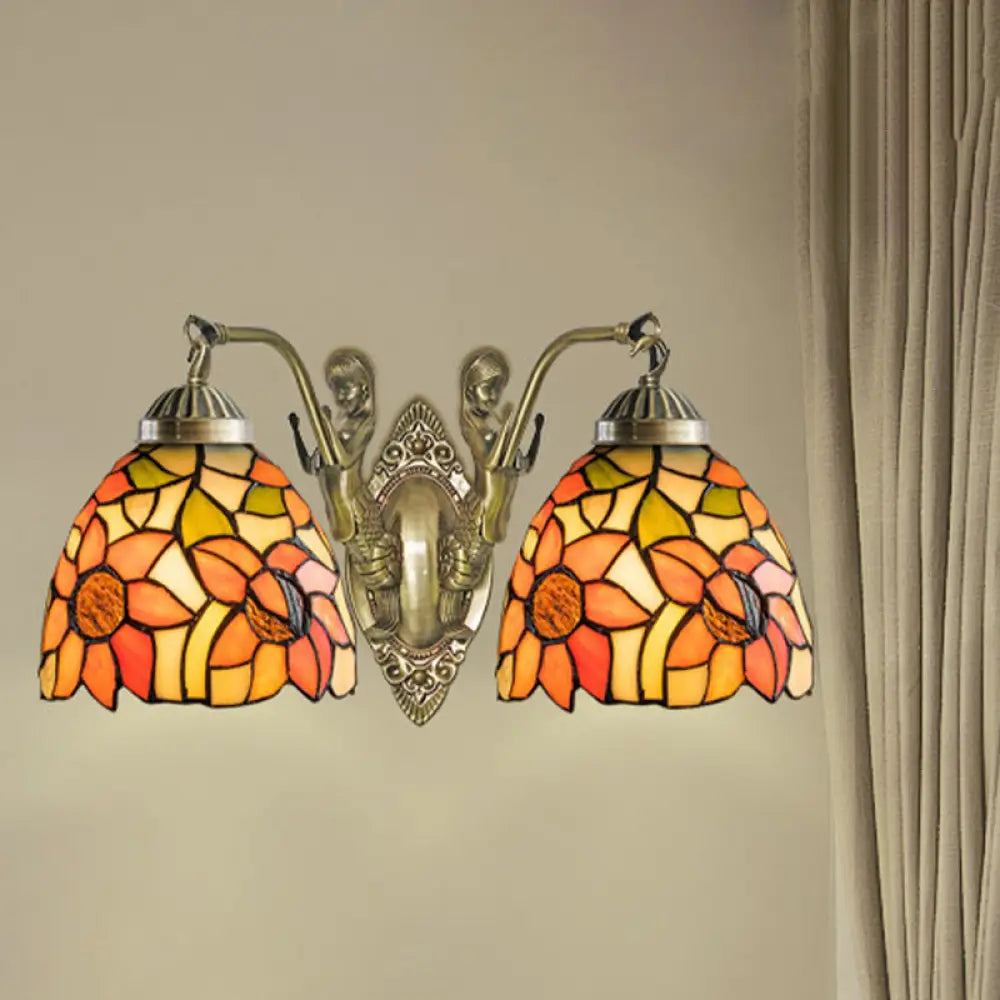 Tiffany Stained Glass Dome Wall Sconce: 2-Bulb Beige/Orange Floral Pattern Mermaid Arm For Bedroom
