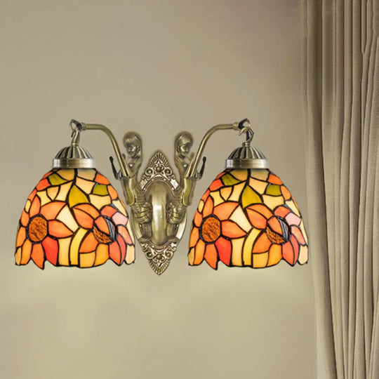 Tiffany Stained Glass Dome Wall Sconce: 2-Bulb Beige/Orange Floral Pattern Mermaid Arm For Bedroom