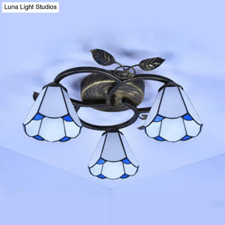 Tiffany Stained Glass Geometric Ceiling Light - Bronze Flushmount With 3 Lights