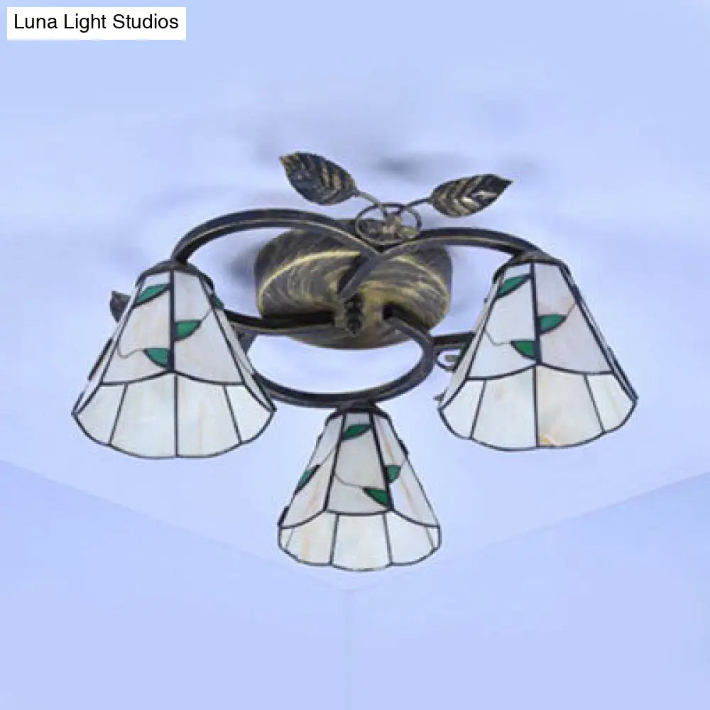 Tiffany Stained Glass Geometric Ceiling Light - Bronze Flushmount With 3 Lights