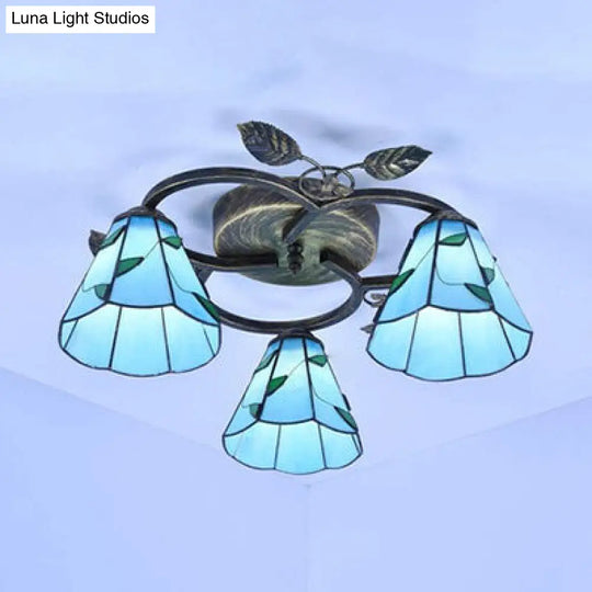 Tiffany Stained Glass Geometric Ceiling Light - Bronze Flushmount With 3 Lights / Blue Leaf