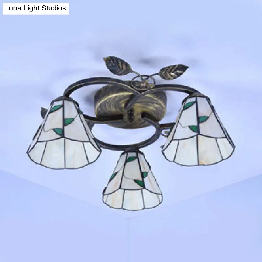 Tiffany Stained Glass Geometric Ceiling Light - Bronze Flushmount With 3 Lights
