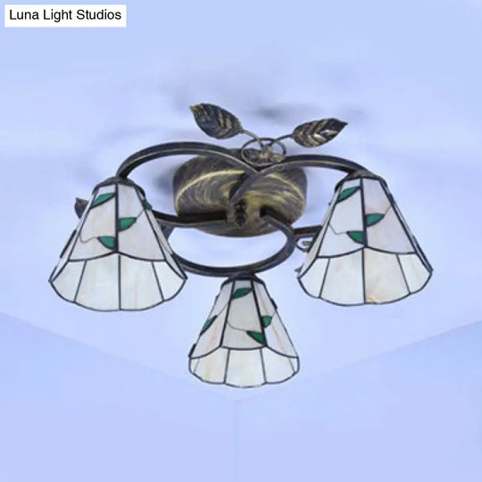 Tiffany Stained Glass Geometric Ceiling Light - Bronze Flushmount With 3 Lights