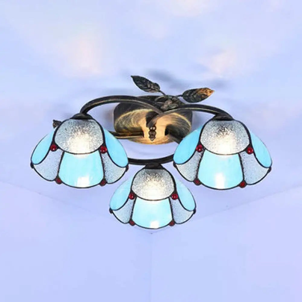 Tiffany Stained Glass Geometric Ceiling Light - Bronze Flushmount With 3 Lights / Blue Diamond