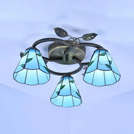 Tiffany Stained Glass Geometric Ceiling Light - Bronze Flushmount With 3 Lights / Blue Leaf