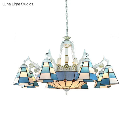 Tiffany Stained Glass Hanging Chandelier - 11 Light Pendant Ceiling With Flower/Square/Diamond/Gem