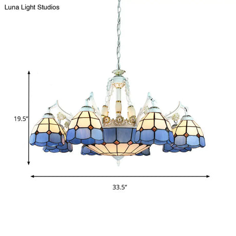 Tiffany Stained Glass Hanging Chandelier - 11 Light Pendant Ceiling With Flower/Square/Diamond/Gem