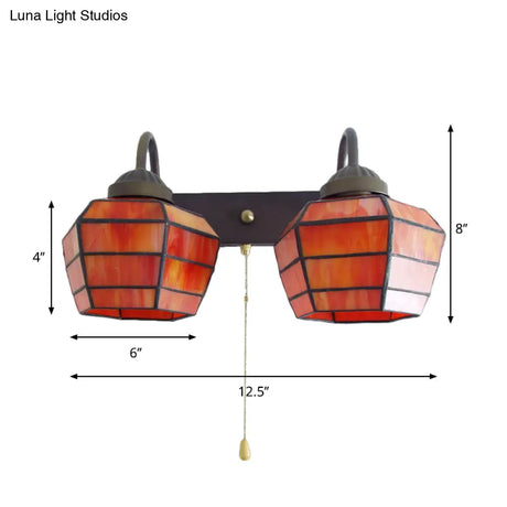 Tiffany Stained Glass Lantern Wall Sconce Light With Pull Chain - 2 Heads Orange Fixture