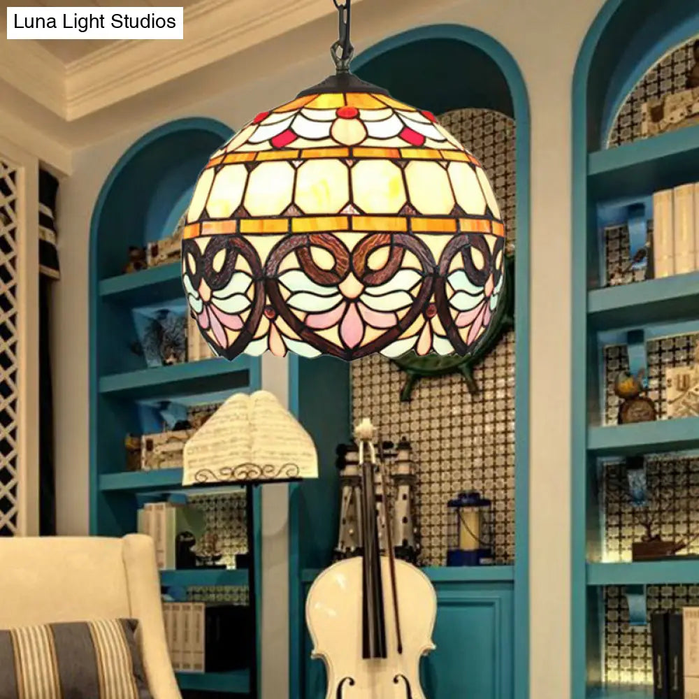 Tiffany Stained Glass Globe Pendant Light With Adjustable Chain - Ceiling Hanging Lamp Brown