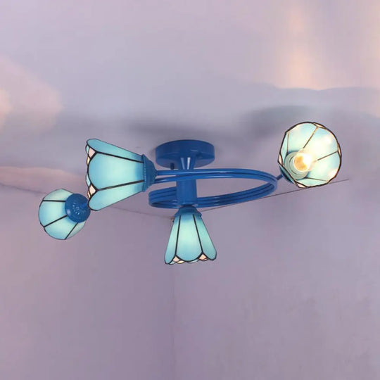 Tiffany Stained Glass Semi-Flush Light With White/Blue Motif - Ideal For Bedroom Ambiance 4 / Blue