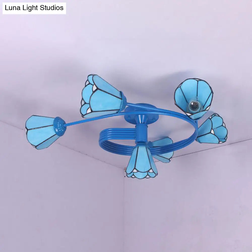 Tiffany Stained Glass Semi-Flush Light With White/Blue Motif - Ideal For Bedroom Ambiance