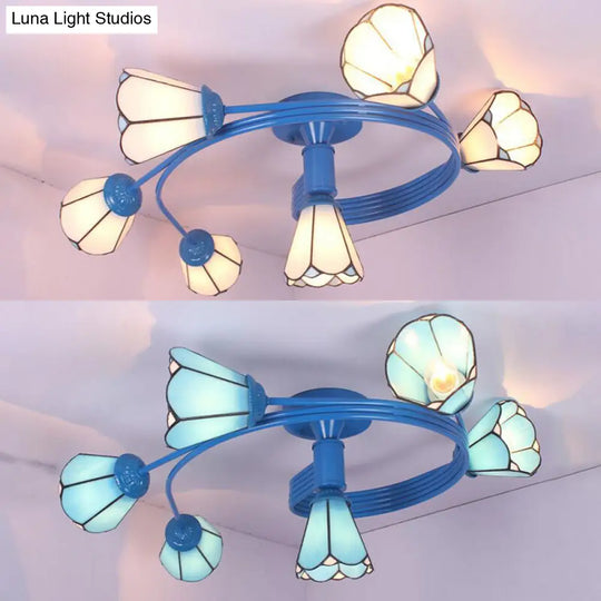 Tiffany Stained Glass Semi-Flush Light With White/Blue Motif - Ideal For Bedroom Ambiance
