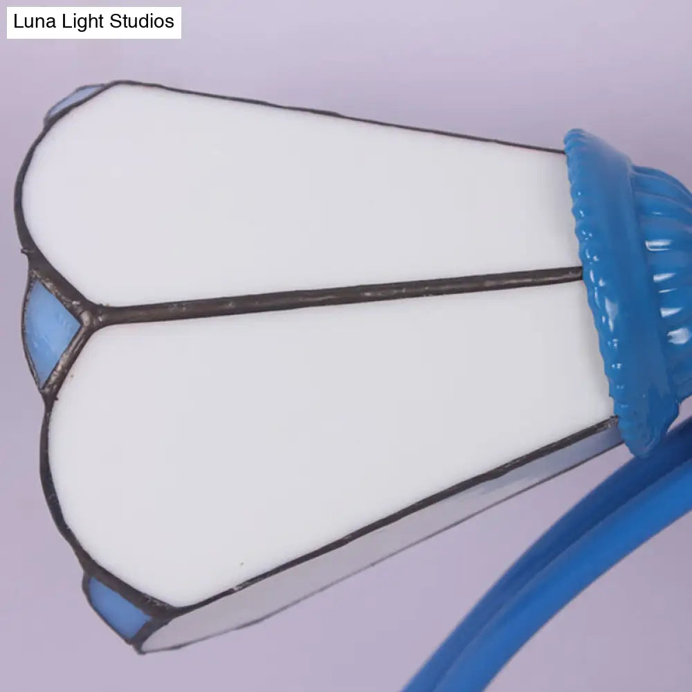 Tiffany Stained Glass Semi-Flush Light With White/Blue Motif - Ideal For Bedroom Ambiance