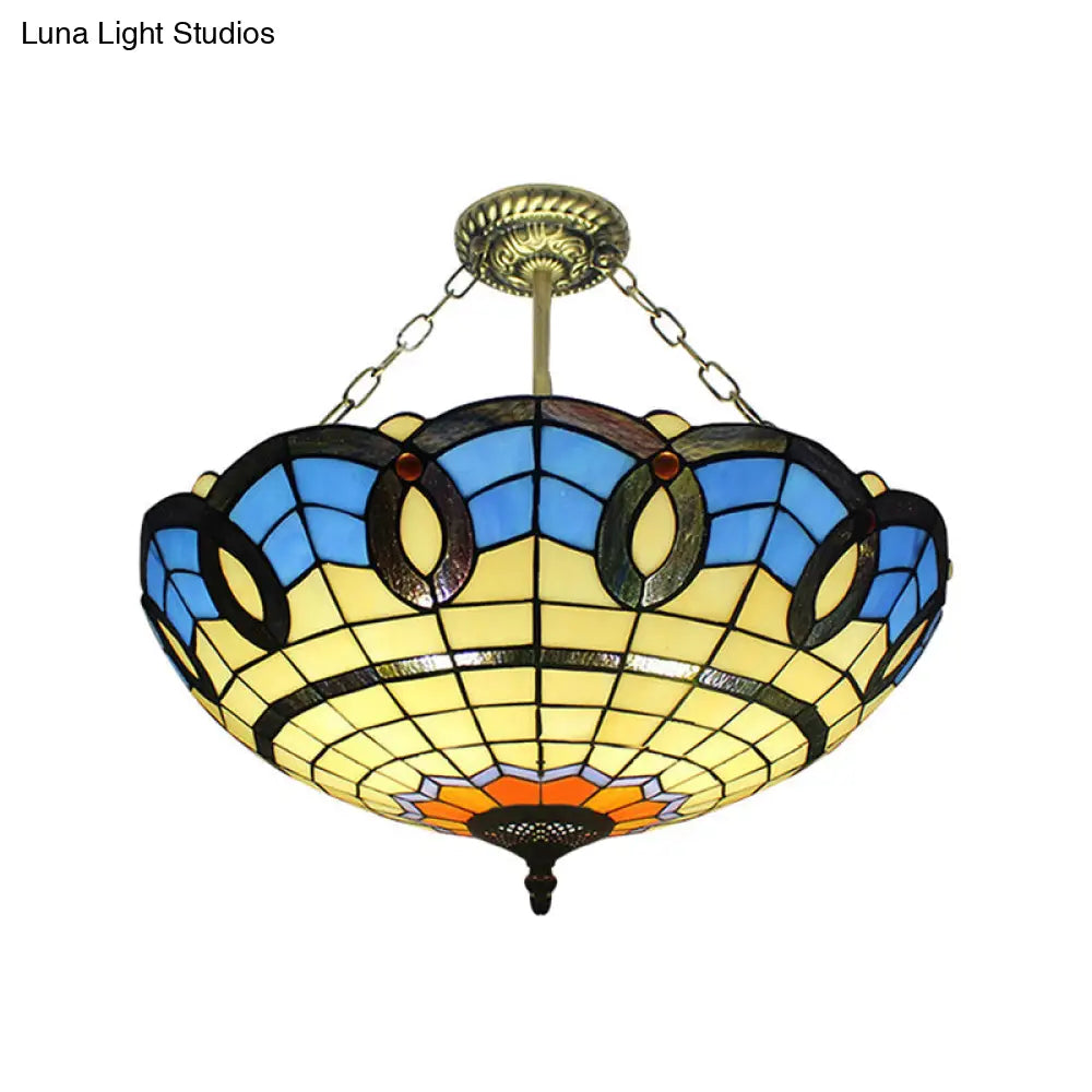 Tiffany Stained Glass Semi Flush Mount Ceiling Light In Antique Bronze - 3 Lights