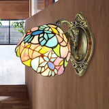 Tiffany Stained Glass Wall Sconce With Curved Brass Arm & One Light Pink