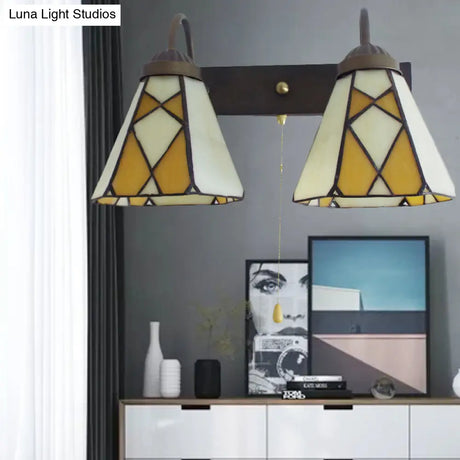 Tiffany Stained Glass Wall Sconce With Pull Chain - Blue/Orange Conical Fixture (2 Heads)