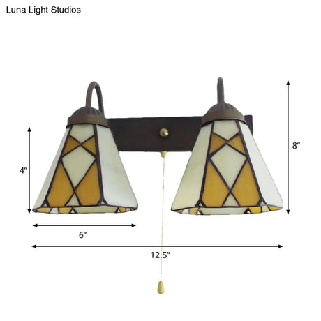 Tiffany Stained Glass Wall Sconce With Pull Chain - Blue/Orange Conical Fixture (2 Heads)