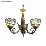 Tiffany Style 3-Light Chandelier With Art Glass Bell Shades In Aged Brass For Living Rooms
